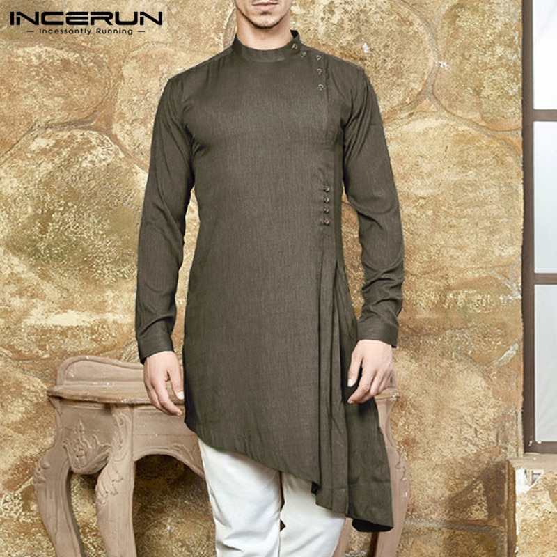 Men Shirt Indian Clothing Solid Color Long Sleeve Cotton Casual Tops Men Islamic Muslim Arab Kaftan Men Long Shirt 3XL
