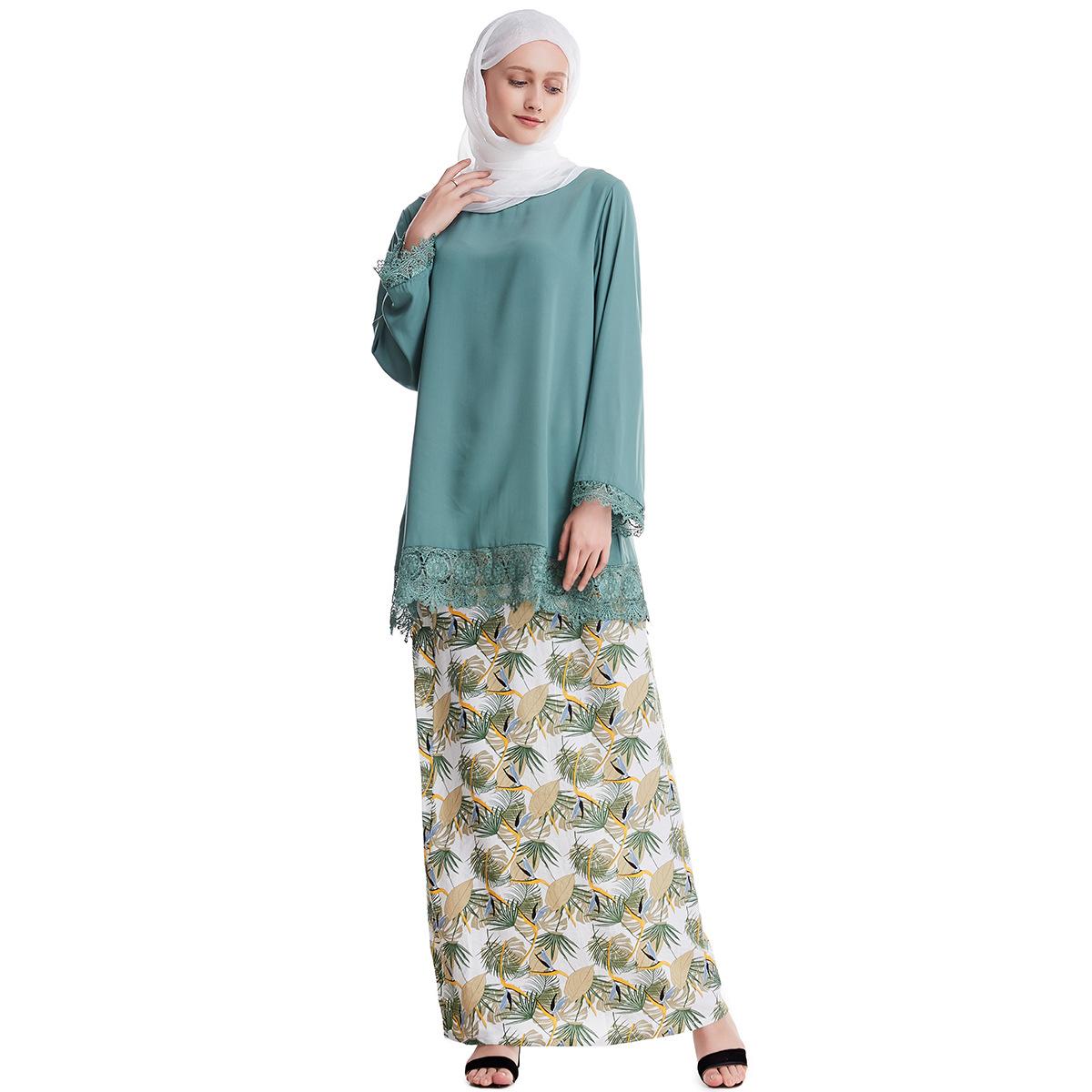 Muslim Women Sets Long Sleeve Lace Tops Blouse+Skirt Dress Set Abaya Islamic Clothes Maxi Printed Skirt Buttoms Costume Fashion