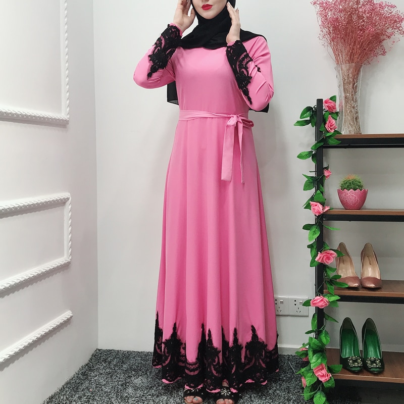 MISSJOY Pink Dresses Women Fashion Long Sleeve Patchwork prayer Dubai abaya Turkish Islam Maxi dress Muslime kleid Arab clothing