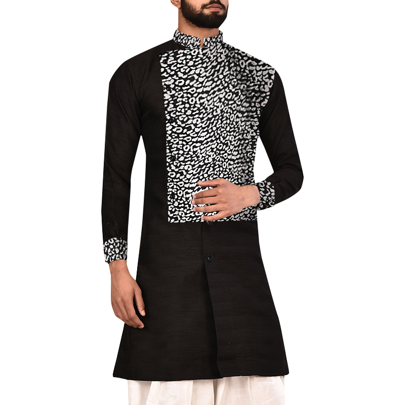 Men Shirt Long Sleeve Printed Patchwork Vintage Stand Collar Tops Streetwear Indian Kurta Casual Muslim Men Long Shirts
