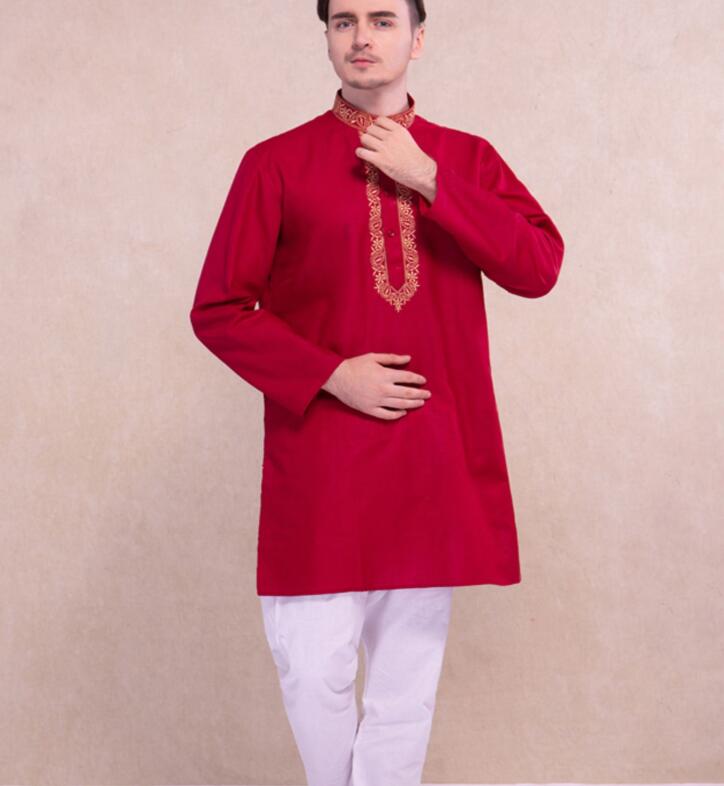 India Muslim Man Suits Ethnic Embroidery Sets Comfortable Cotton Loose Long Sleeves Thin Sets