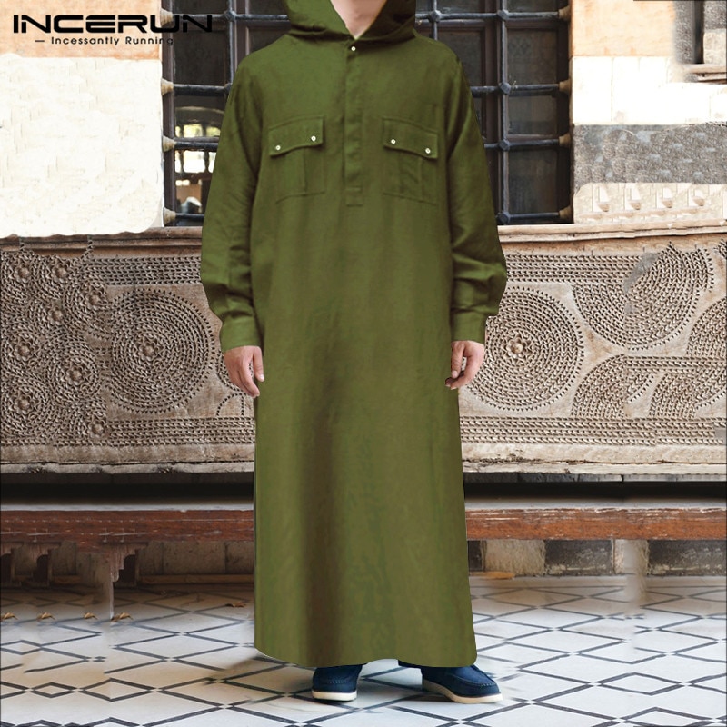 Fashion Islamic Muslim Kaftan Solid Hooded Long Sleeve Robes Abaya Saudi Arabia Middle East Men Clothing Jubba Thobe 5XL