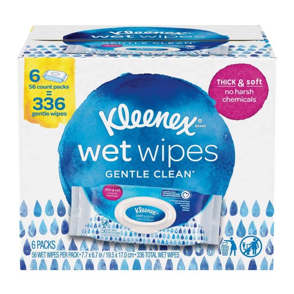 Kleenex Wet Wipes Gentle Clean for Hands and Face, Flip-top Pack, 56 Wipes (6 Pa