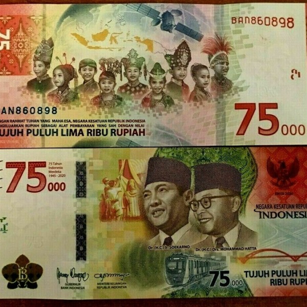 5x Indonesia 75000 rupiah 75,000 UNC 75th Anniversary Commemorative Note