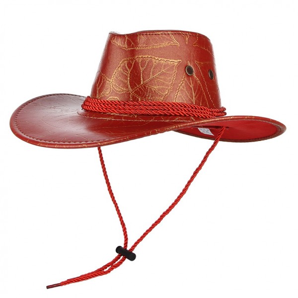 GEMVIE Classical Western Cowboy Hat For Men Women PU Leather Wide Brim Outdoor Sunhat With Adjustable Lace-Up Breathable Holes