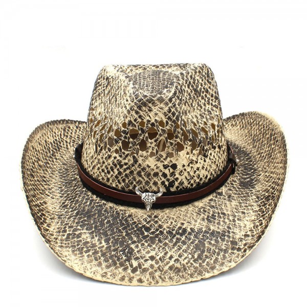 Men Hollow Western Cowboy Hat Handmade Weave Straw Lady Dad Sombrero Hombre Cowgirl Jazz Caps Bull Head Band Size 56-58CM