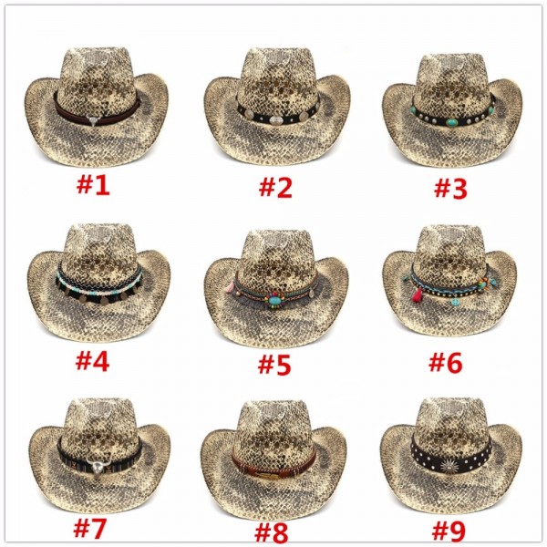 Men Hollow Western Cowboy Hat Handmade Weave Straw Lady Dad Sombrero Hombre Cowgirl Jazz Caps Bull Head Band Size 56-58CM