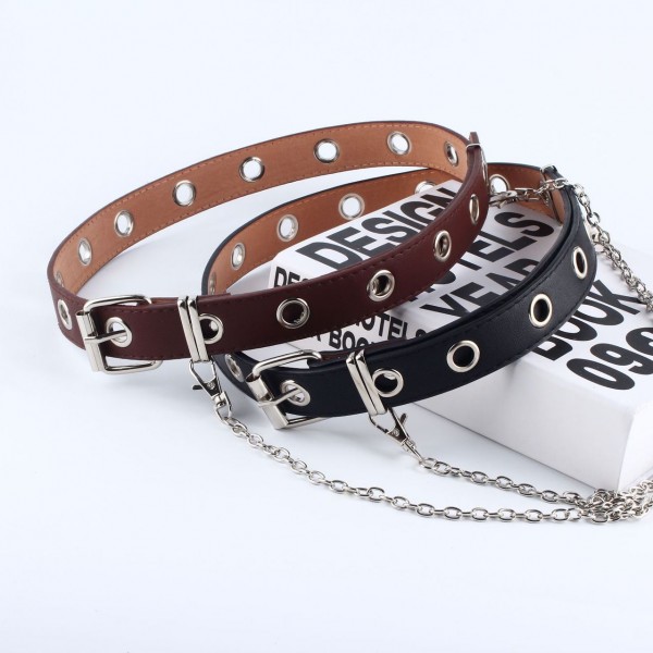 Women Punk Chain Fashion Belt Adjustable Black Double/Single Eyelet Grommet Leather Buckle Belt