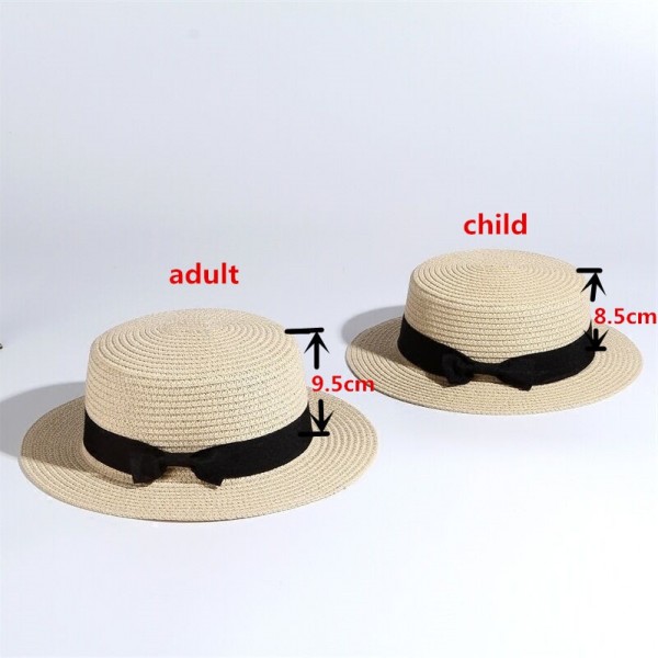 simple Summer Parent-child Beach Hat Female Casual Panama Hat Lady Brand Women Flat brim Bowknot Straw cap girls Sun Hat