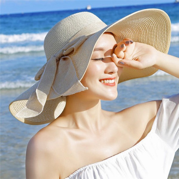 Summer Large Brim Straw Hat Floppy Wide Brim Sun Cap Bowknot Beach Foldable Hats New