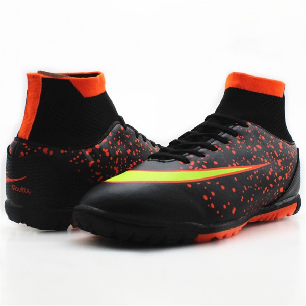 Maultby Men's Black Orange High Ankle Turf Sole Indoor Cleats Football Boots Shoes Soccer Cleats #08B