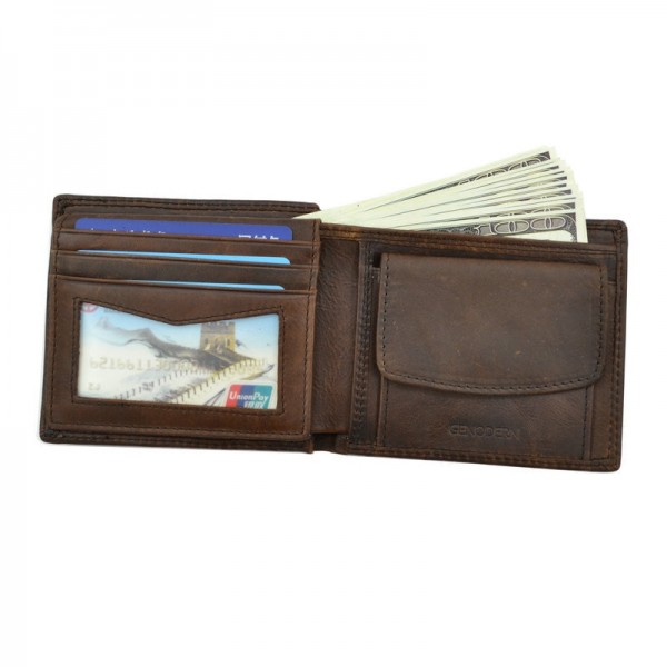 GENODERN Cow Leather Men Wallets with Coin Pocket Vintage Male Wallet Function Brown Leather Men Wallet with Card Holders
