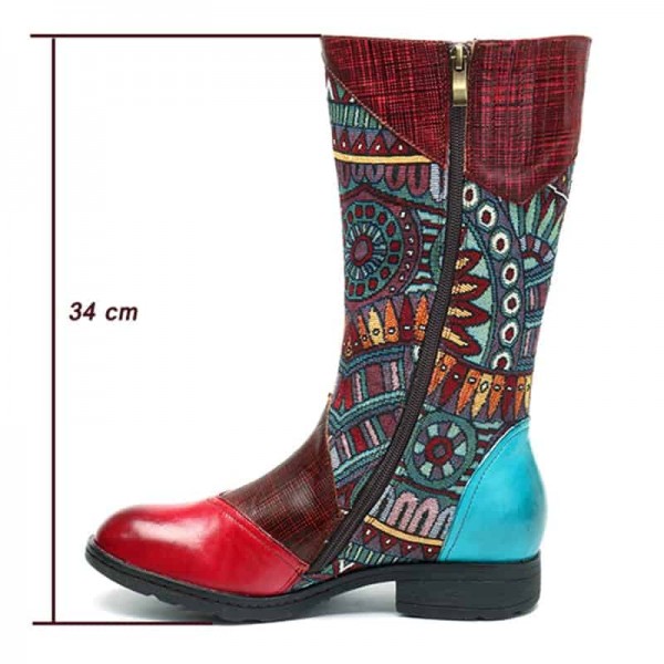 Handmade Genuine Leather Mid Calf Boots Women Shoes Vintage Bohemian Printed Splicing Zipper Flat Spring Autumn Boots New