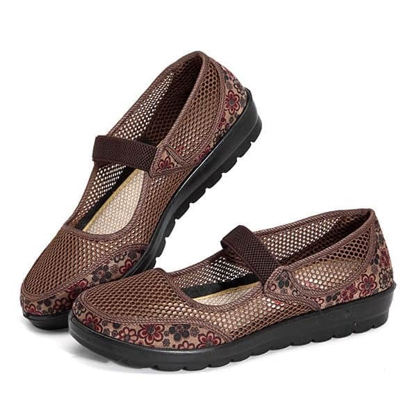 Big Size Women Mesh Breathable Flower Printing Wedge Heel Loafers Casual Shoes